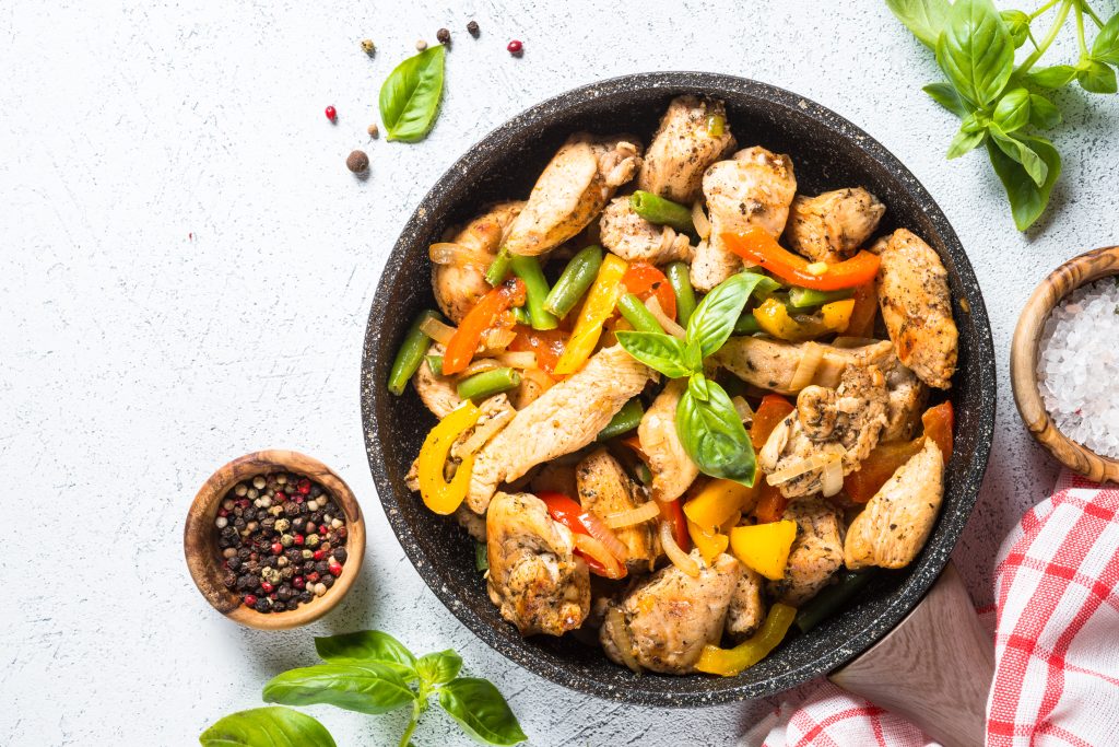 Chicken,Fillet,Fried,With,Vegetables,In,Frying,Pan.,Chicken,Stir